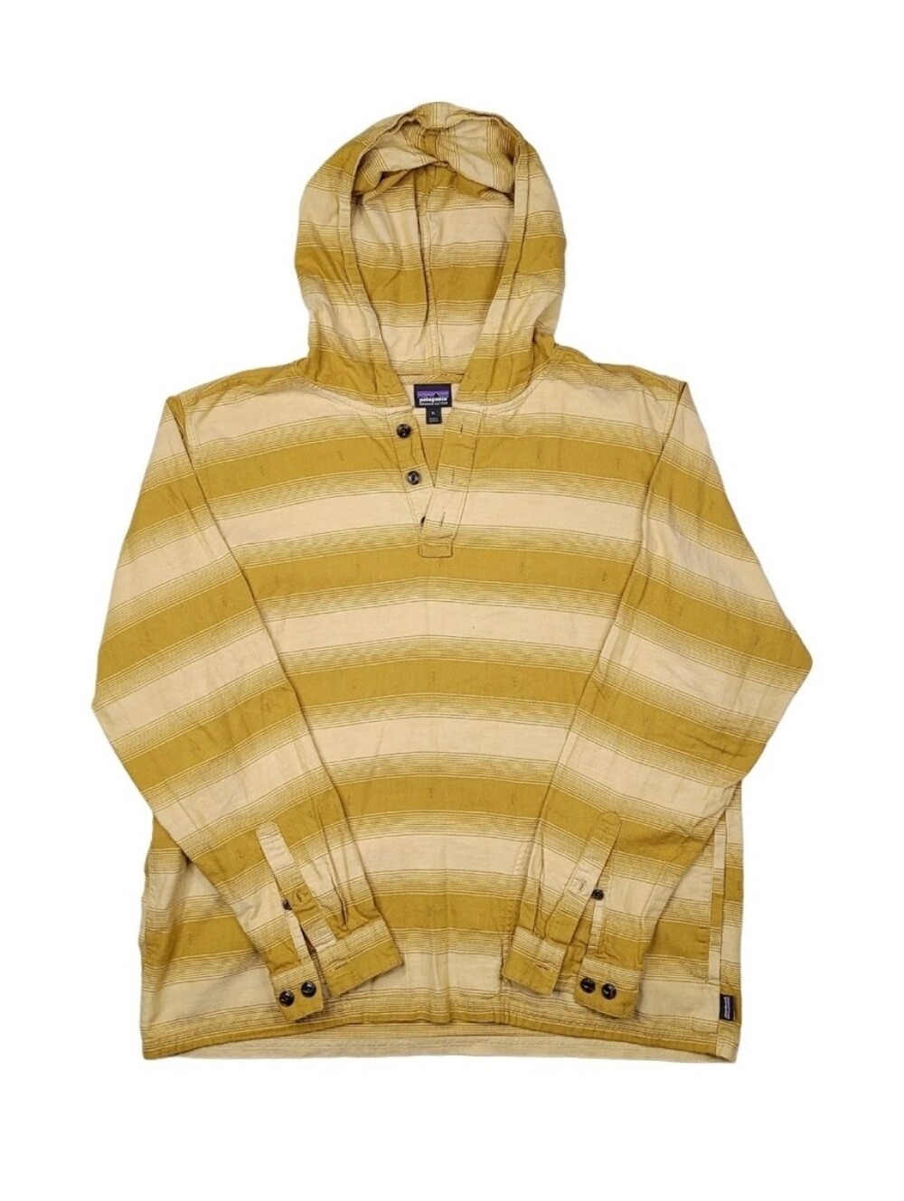 Patagonia Mens XL Fjord Organic Cotton Hoodie Mustard Striped Henley Pullover